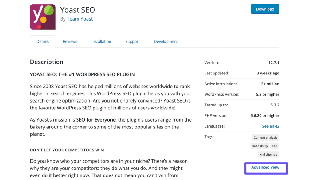 WordPress目录中插件页面上的高级视图链接